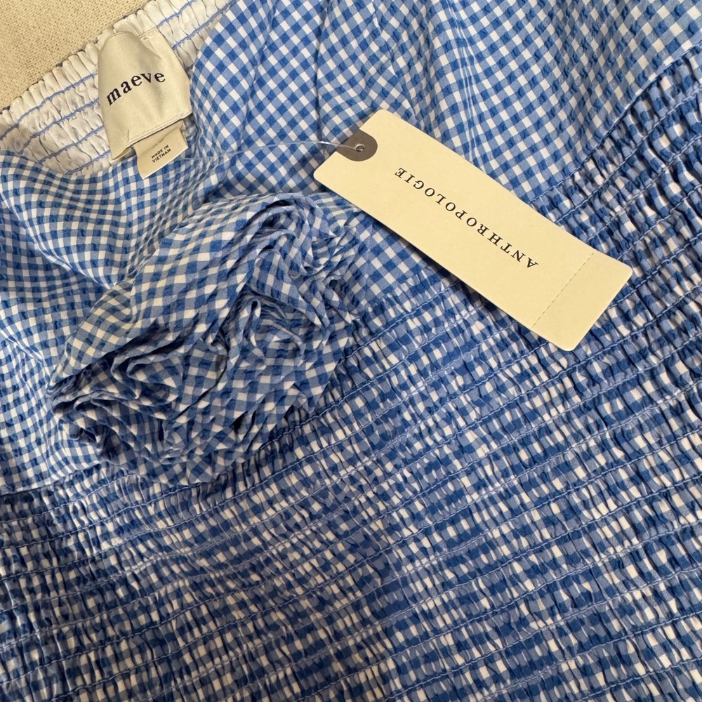 Anthropologie Maeve Blue Gingham Smocked Rosette Mini Dress XS New